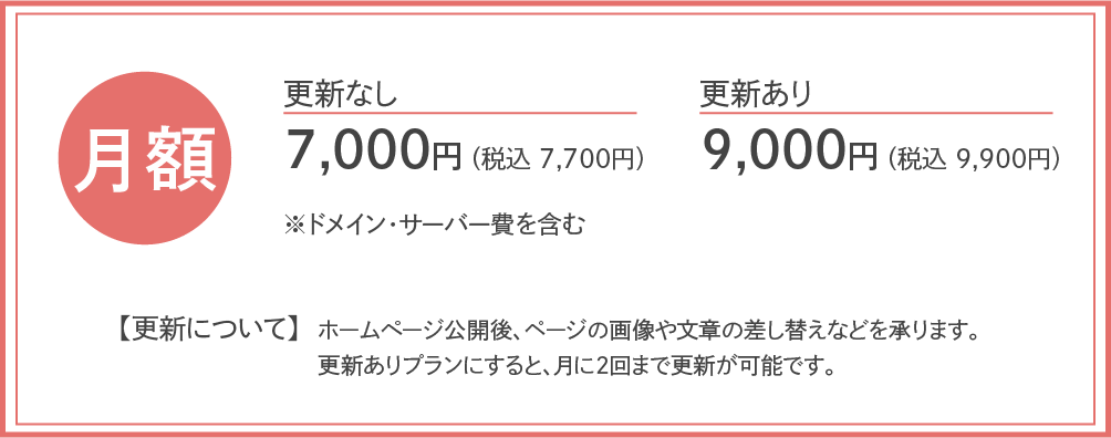 月額更新なし7,000円(税込7,700円)更新あり9,000円(税込9,900円)※別途ドメイン・サーバー費含む