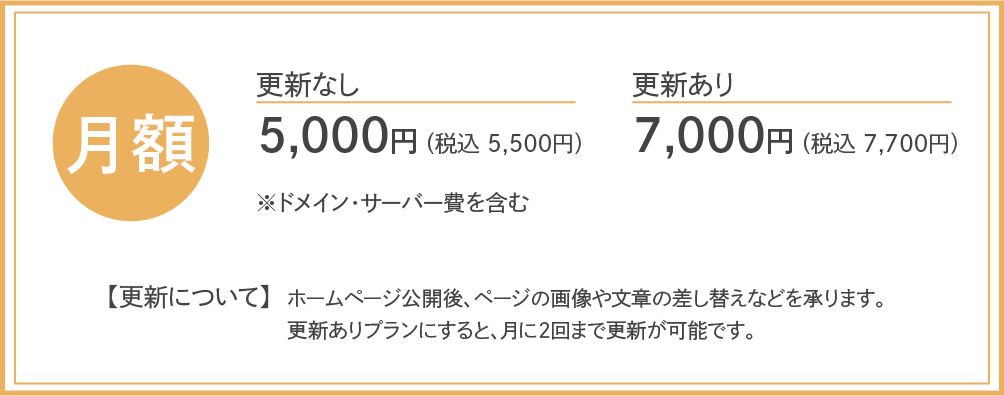 月額更新なし5,000円(税込5,500円)更新あり7,000円(税込7,700円)※別途ドメイン・サーバー費含む