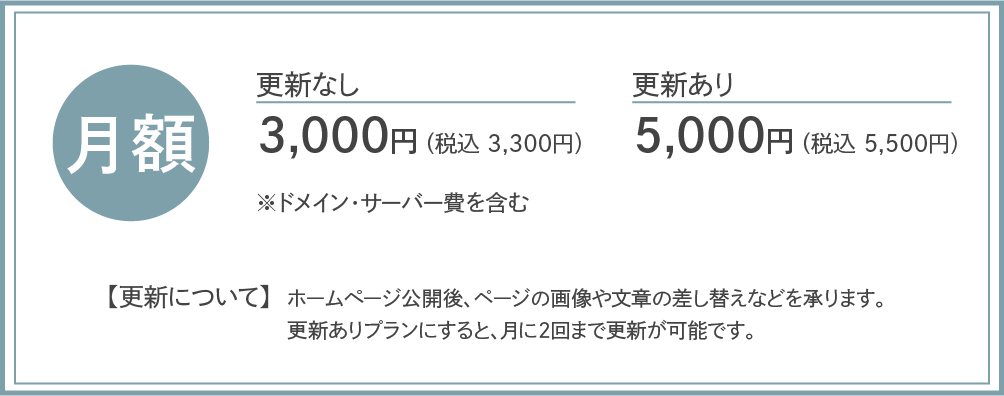 月額更新なし3,000円(税込3,300円)更新あり5,000円(税込5,500円)※別途ドメイン・サーバー費含む