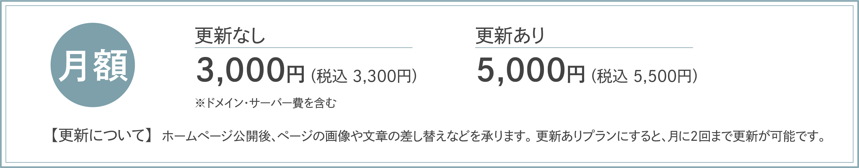 月額更新なし3,000円(税込3,300円)更新あり5,000円(税込5,500円)※別途ドメイン・サーバー費含む